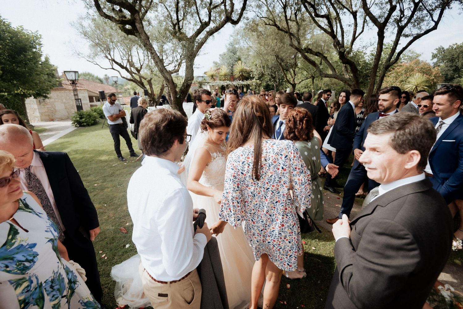 Wedding party guests dancing and celebrating outdoors under tall trees during a daytime reception.
