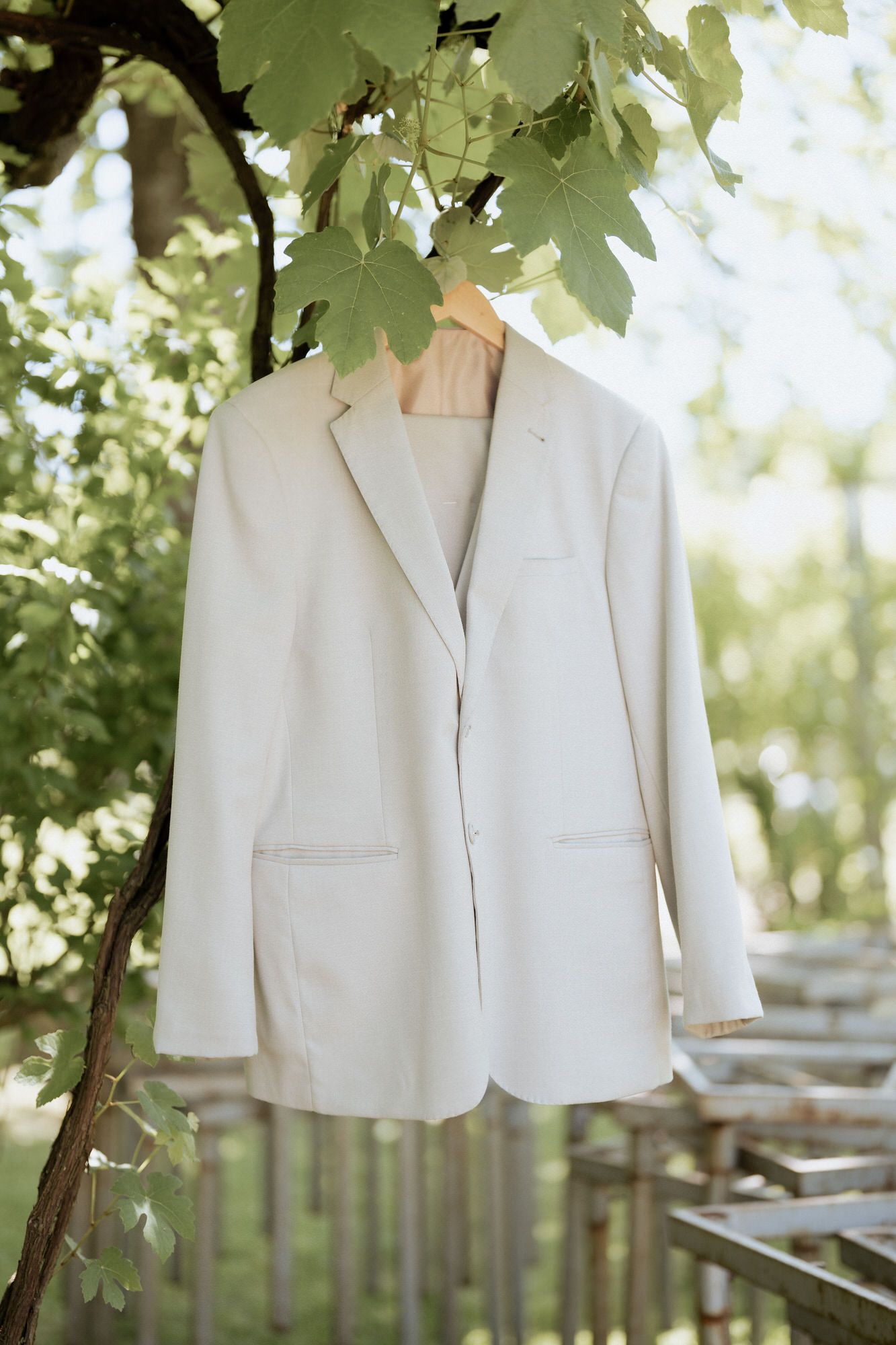 A crisp white blazer hangs from a tree branch in soft natural lighting with green leaves in the background.
