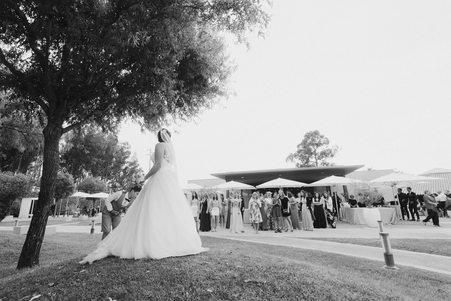 Black and white photo of an outdoor wedding reception with guests gathering under a tent on a grassy hillside.