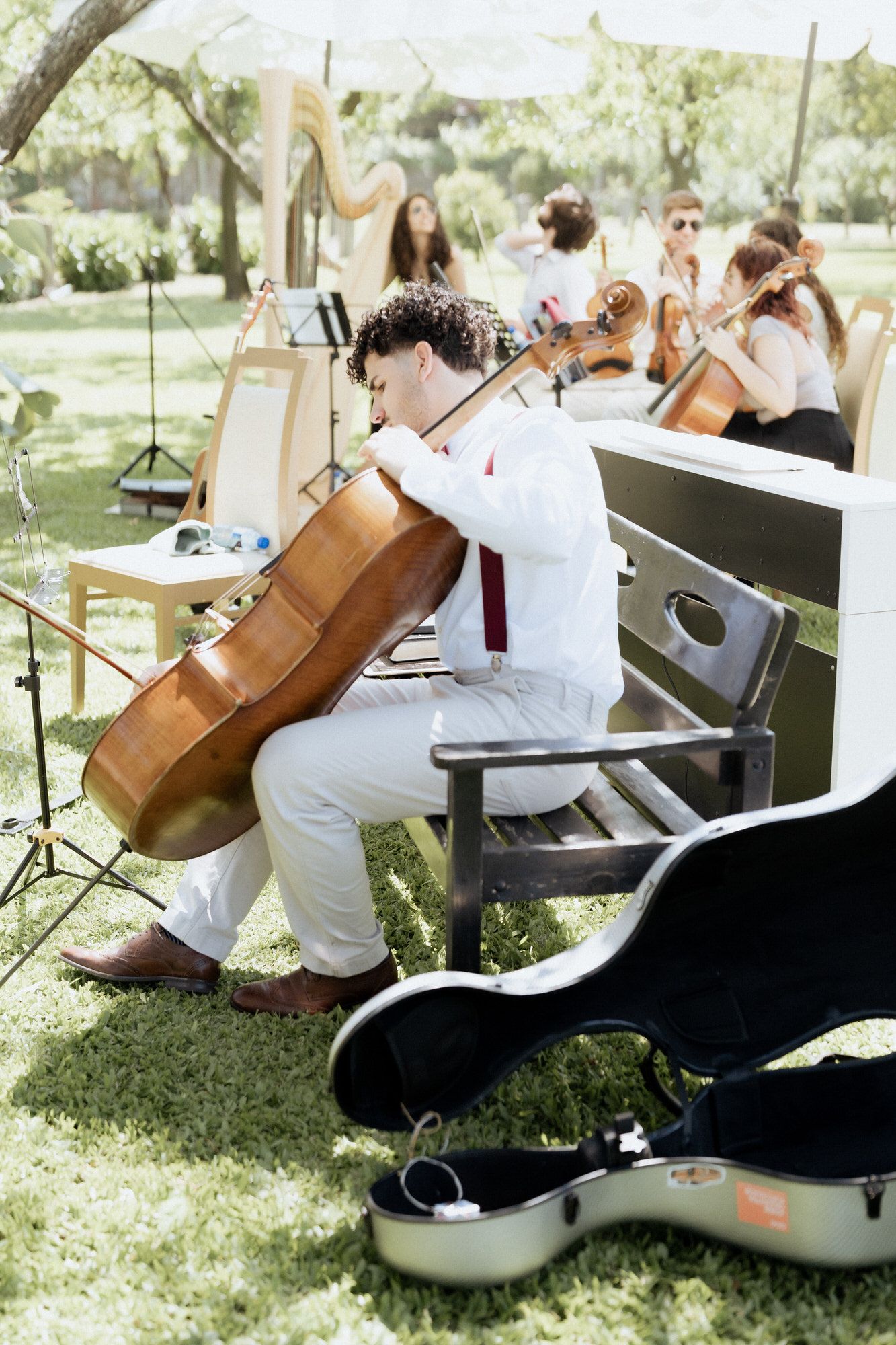 Musicians perform at an outdoor garden event with string instruments including cello, harp and guitars on a sunny day.