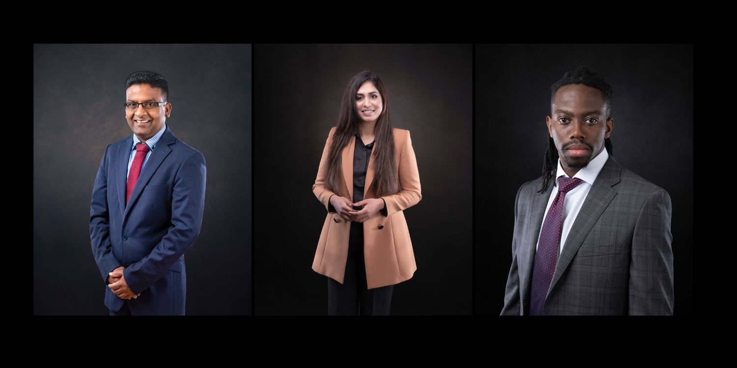 Three professional headshots arranged horizontally showing people in business attire against dark backgrounds.