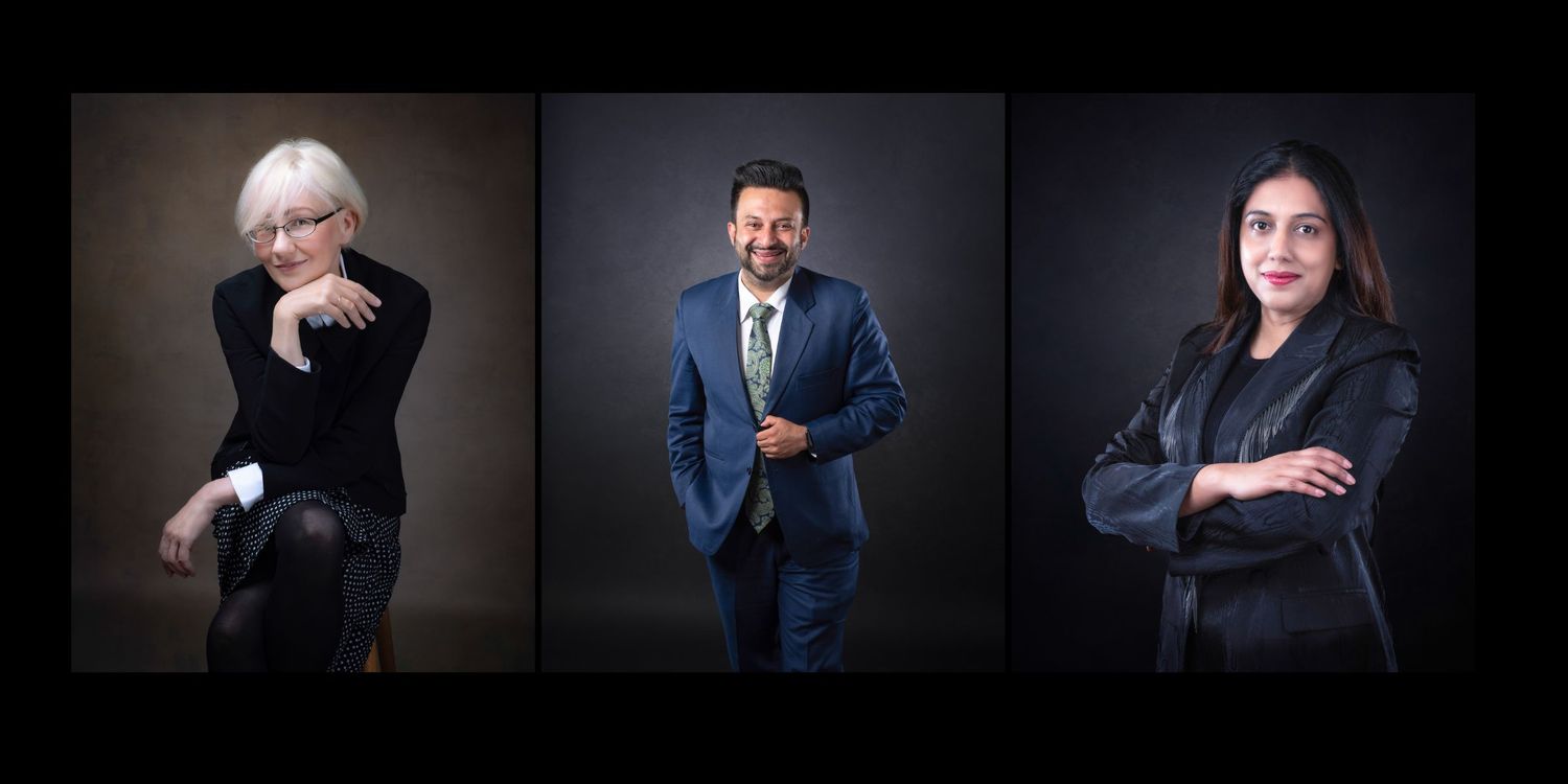 Three professional studio portraits in a triptych format against dark backgrounds, featuring formal business attire.