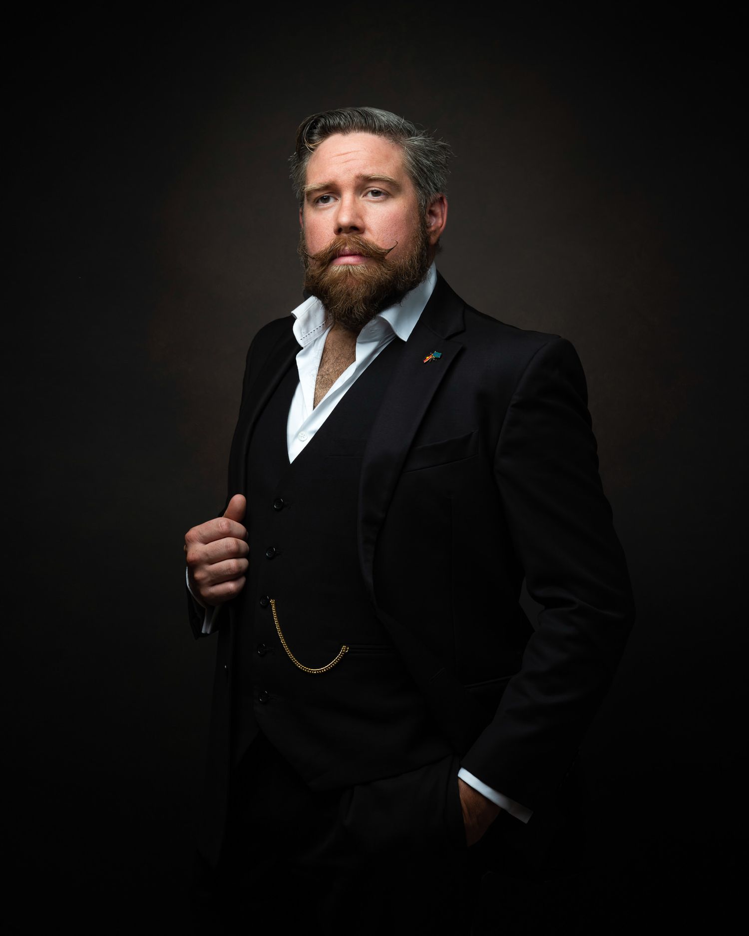 A dramatic portrait series against dark background showing a bearded figure in vintage attire with pocket watch.