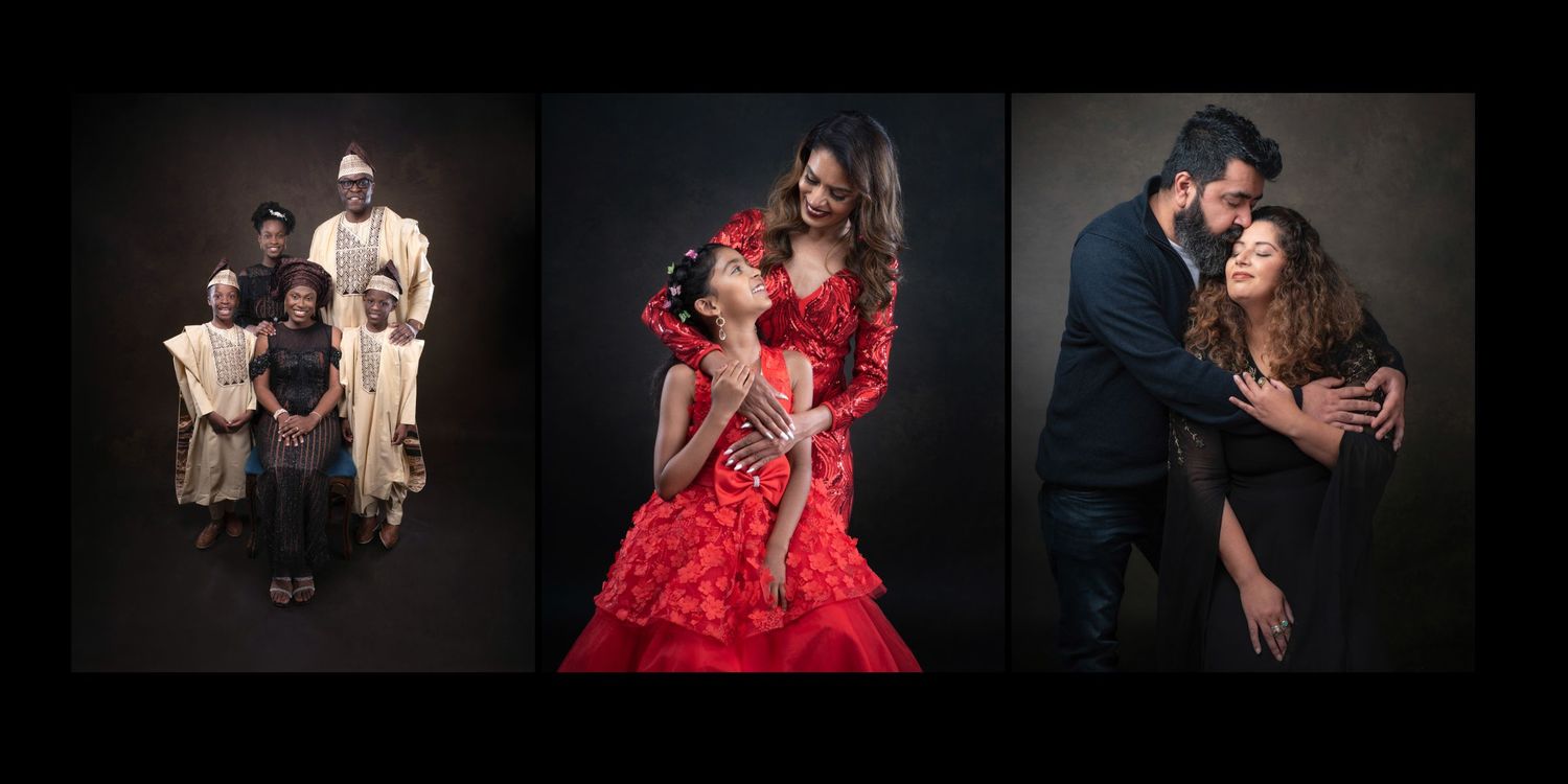 A triptych of romantic portrait photos showing casual black and white, formal red dress, and intimate dark formal poses.
