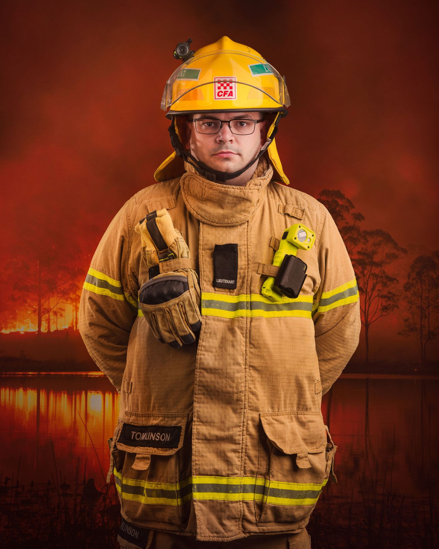 A series of portraits showing a firefighter in tan turnout gear against a dramatic red backdrop with smoke effects.