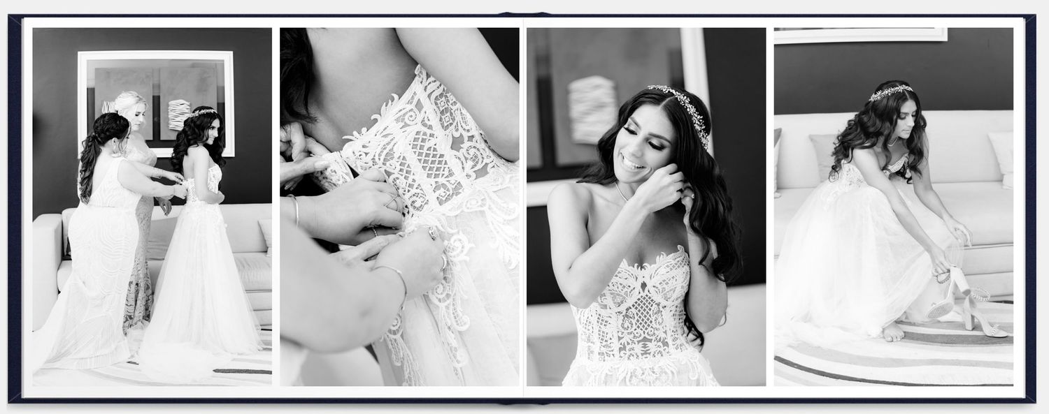 A collage of four black and white wedding portraits showing elegant bridal poses in a white gown on a grand staircase.