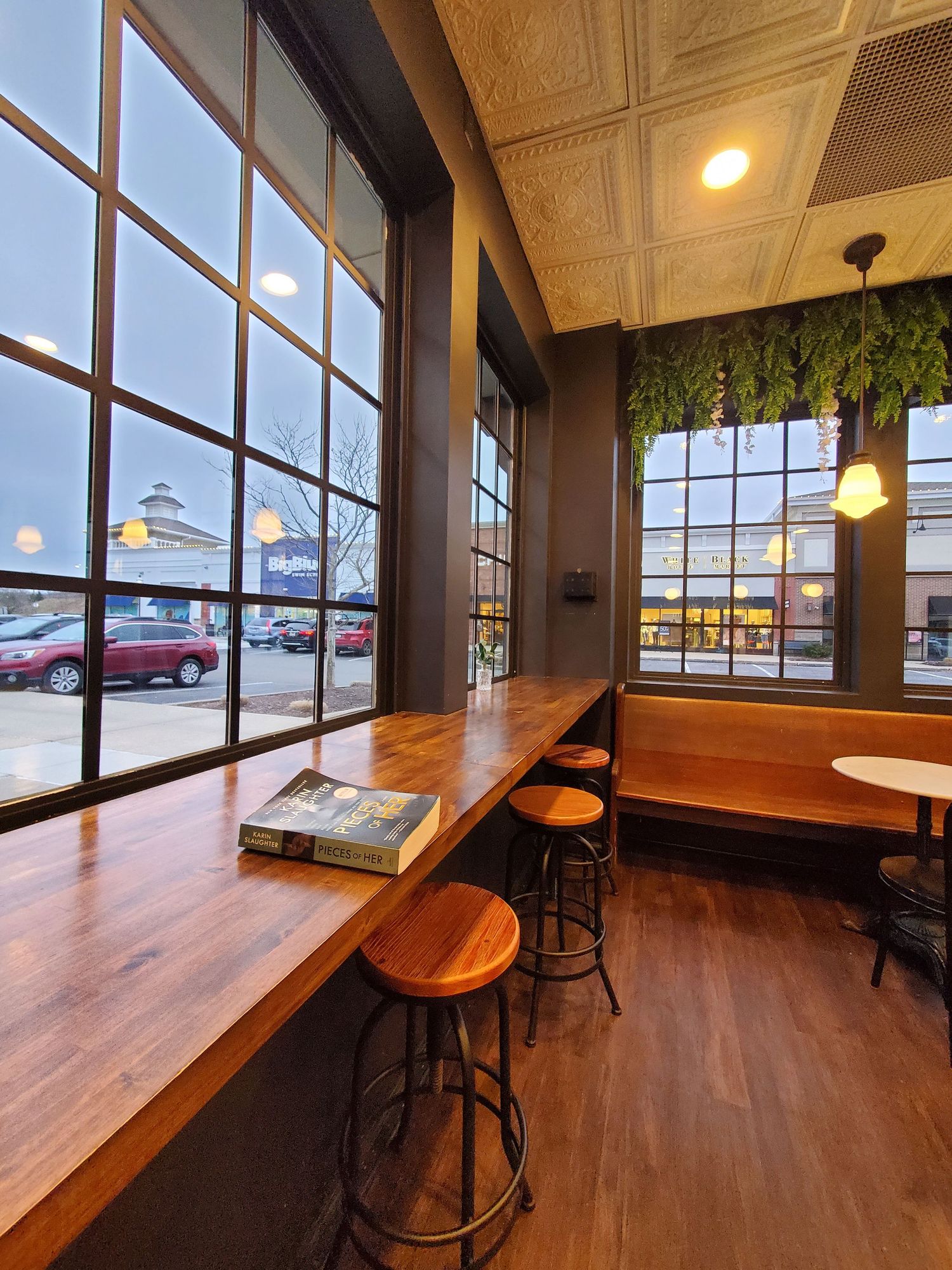 Modern coffee shop interior with wooden counter seating along large windows, hardwood floors, and hanging plants.