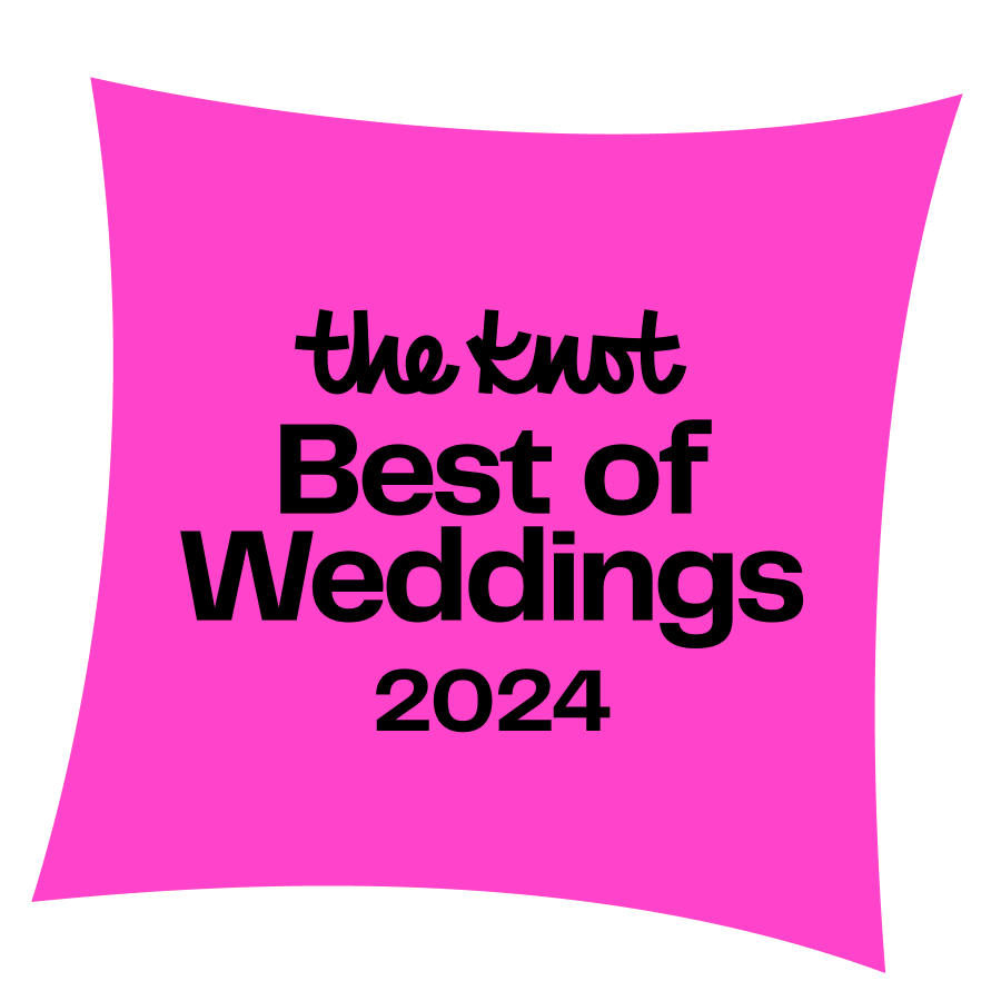 A pink square logo for 'The Knot Best of Weddings 2024' with black text on a curved background.