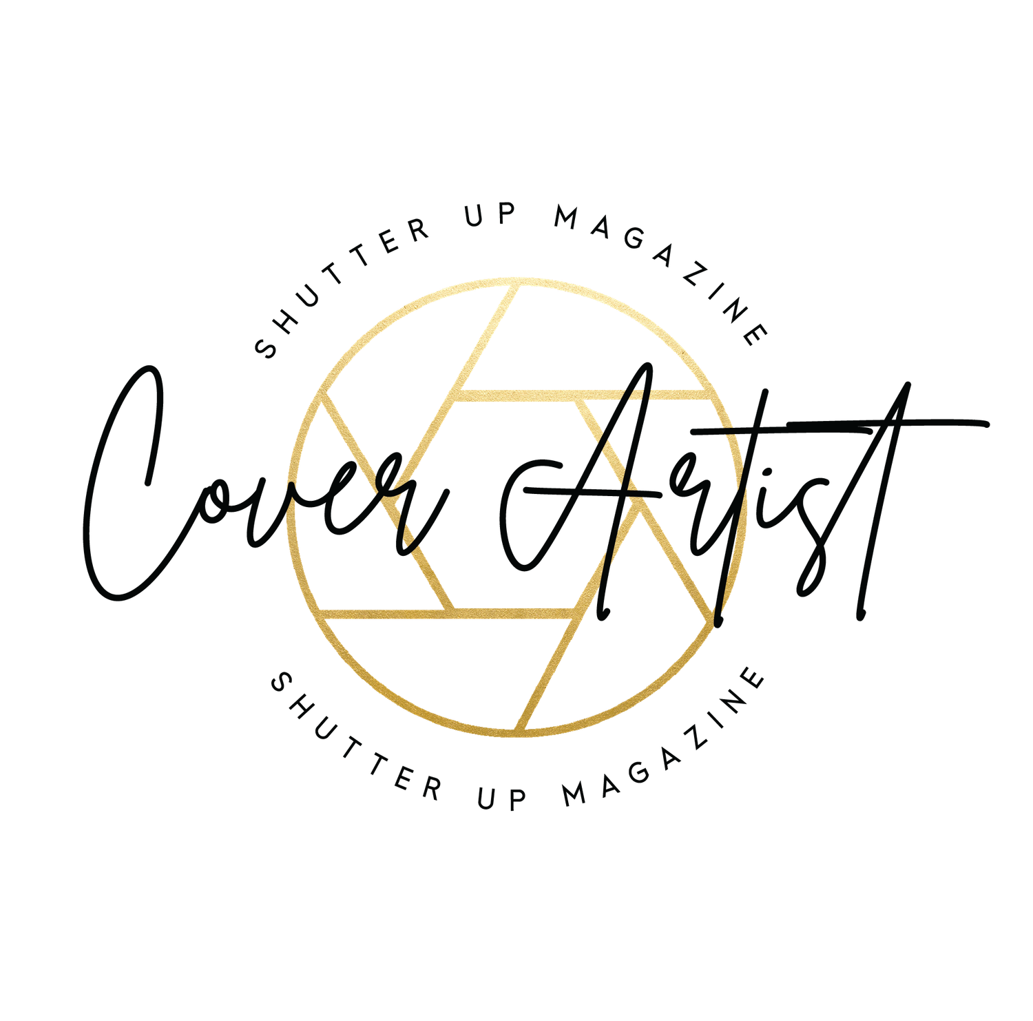 Round gold and black logo designs for Shutter Up Magazine featuring circular text layouts and minimal styling.