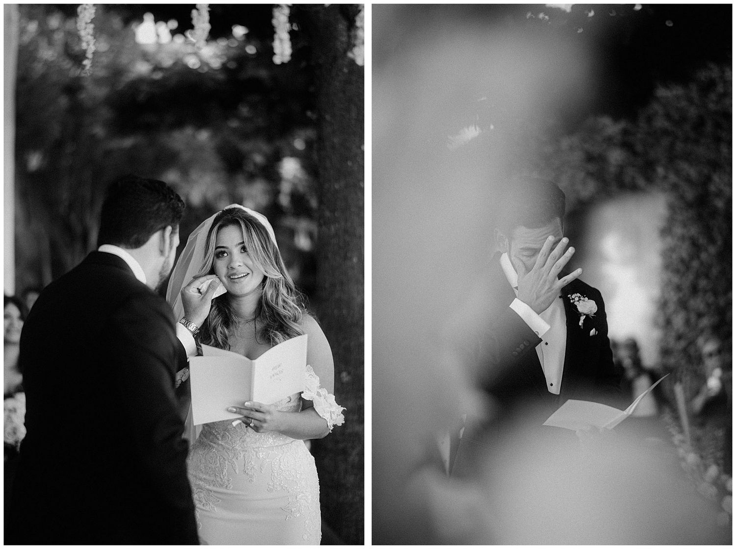 Black and white wedding photos show tender moments during an outdoor ceremony in a garden setting.