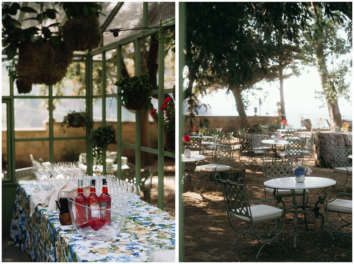 Elegant outdoor restaurant setting with white tablecloths and glass bottles under shaded trees by the seaside.