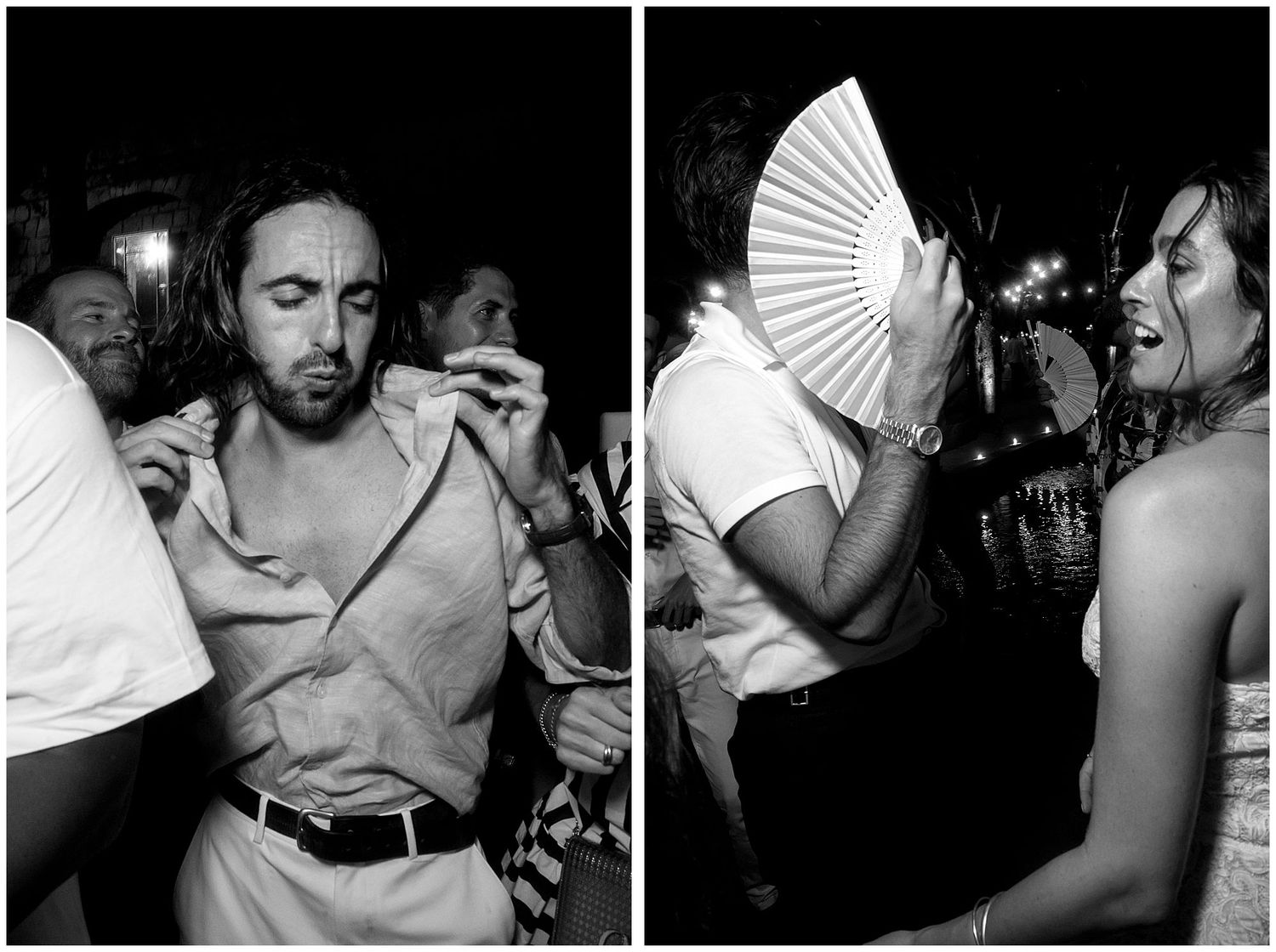Black and white diptych of nightclub scenes showing people dancing and socializing at a lively party.