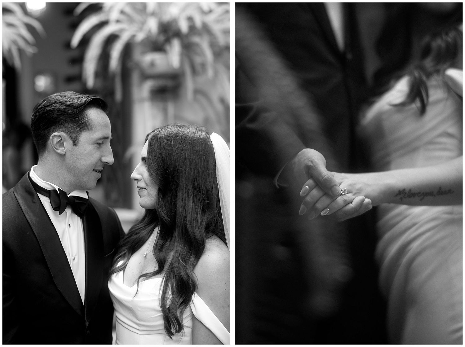 A black and white montage of romantic wedding couples sharing intimate moments during their celebrations.