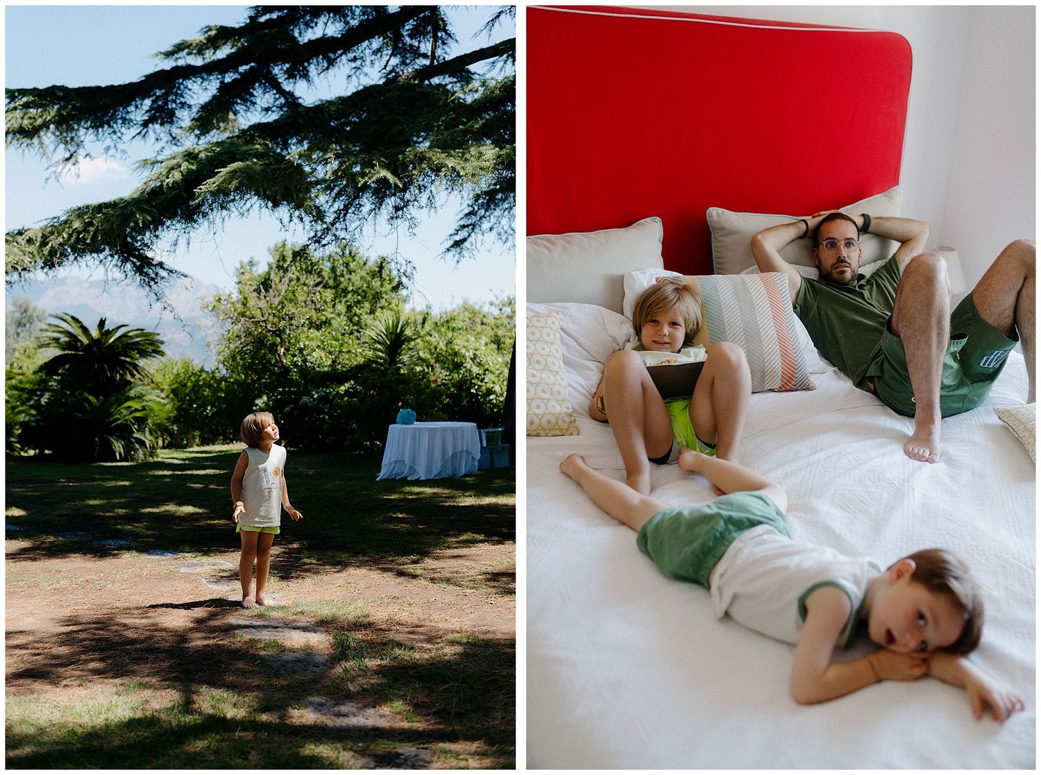 Candid summer day outdoor scene paired with relaxed indoor lifestyle moment.