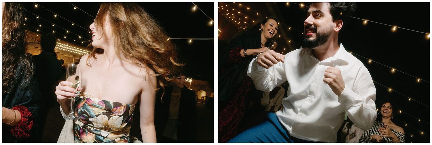 Dynamic party photos show guests dancing and celebrating under twinkling lights at evening reception.