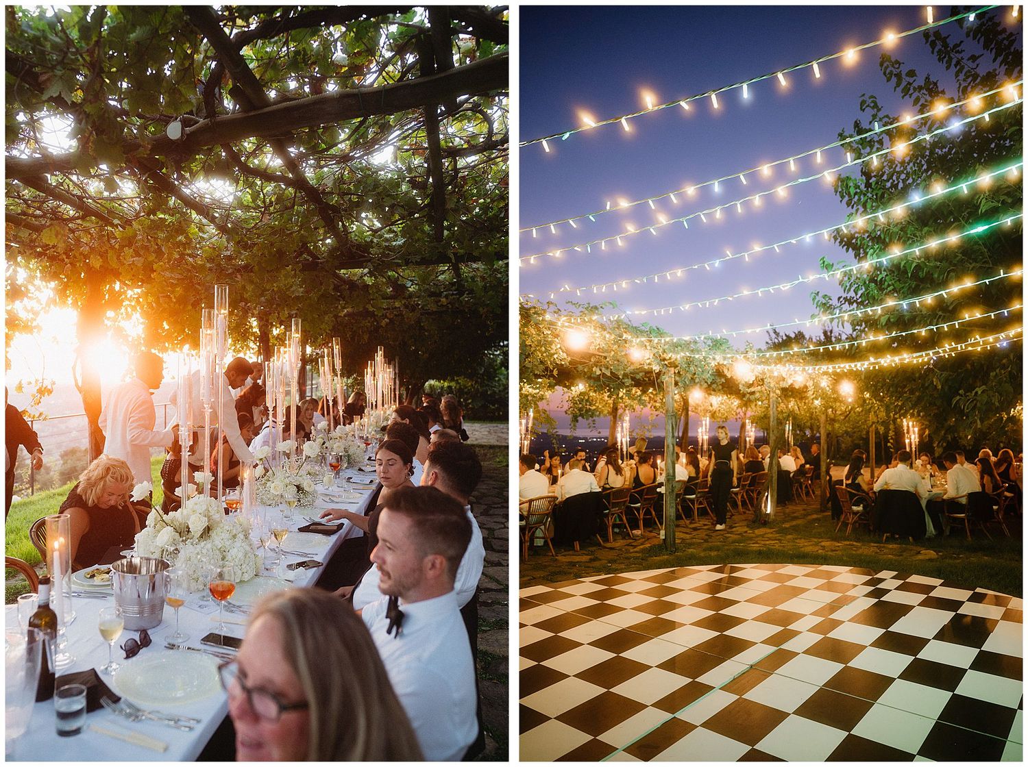 Large outdoor reception area with hanging string lights and elegant table settings as sunset creates a golden glow.