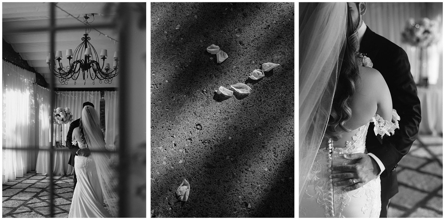 A black and white triptych featuring an elegant vintage-style interior scene, scattered autumn leaves, and a dramatic side view.
