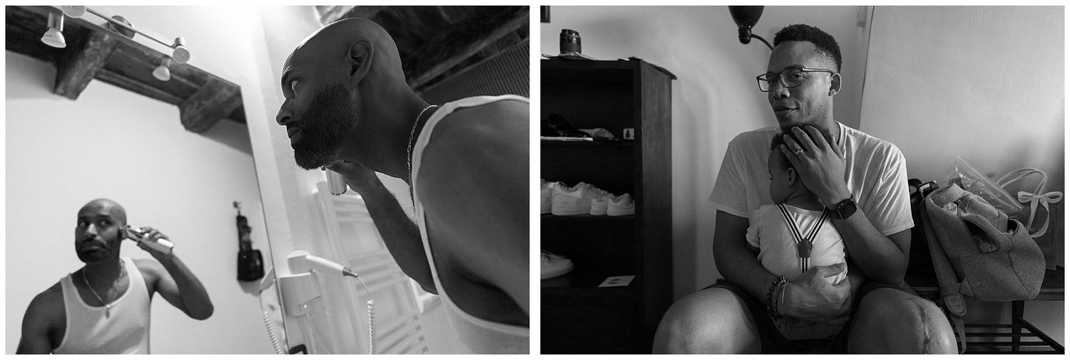 Two black and white photographs show intimate moments of personal grooming and relaxation in a residential setting.