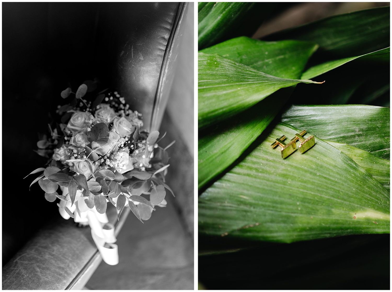 A black and white floral bouquet contrasts with a green leaf adorned with wedding rings.