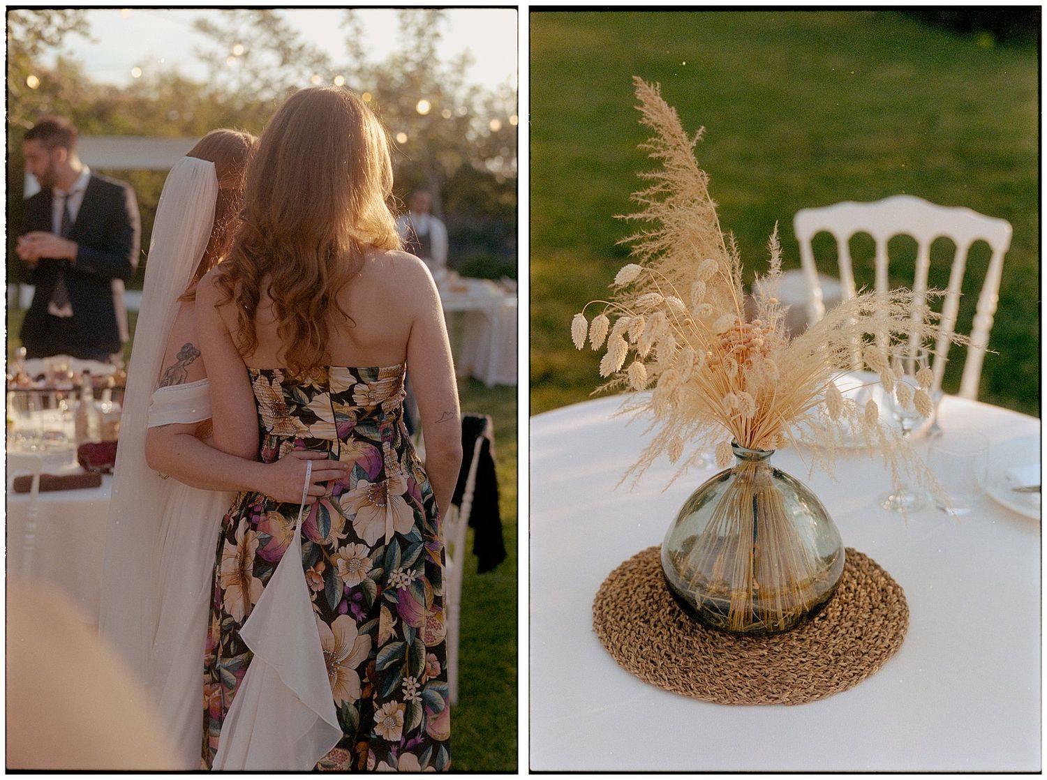 A split image showing an outdoor wedding scene with a floral dress on the left and pampas grass centerpiece on the right.