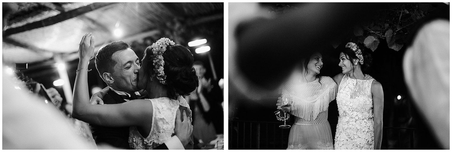 Two black and white photos showing candid reception moments with guests dancing and celebrating at a wedding party.