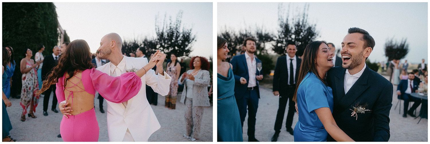 Wedding celebration sequence showing guests dancing and celebrating at an outdoor reception venue.