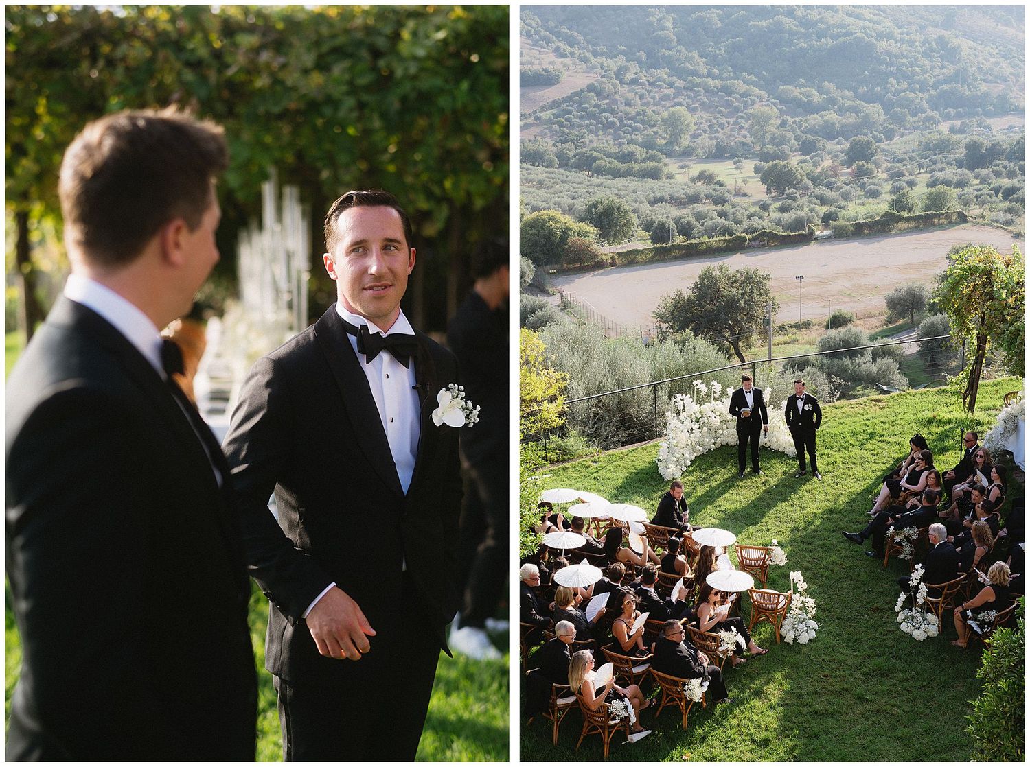 Wedding guests seated in rows outdoors at a scenic hillside ceremony under blue sky and natural lighting.