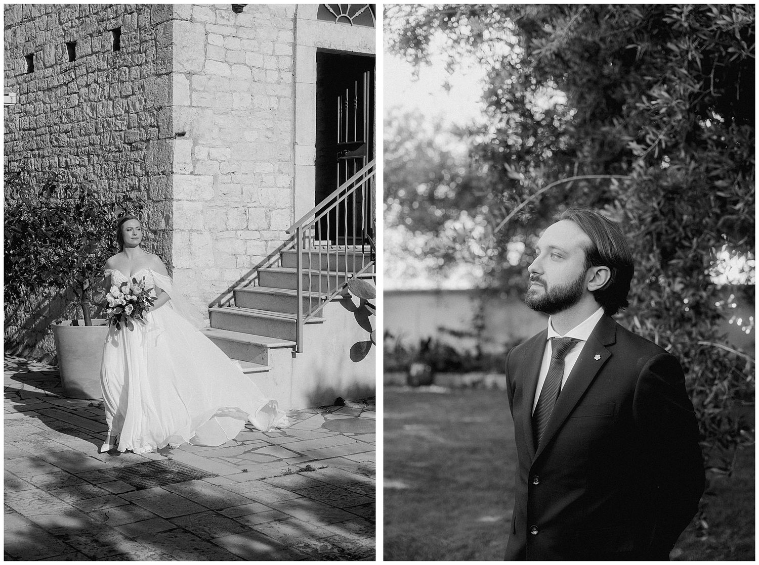 Black and white wedding photos showing a bride in a dress on stone steps and a bearded groom in a suit outdoors.