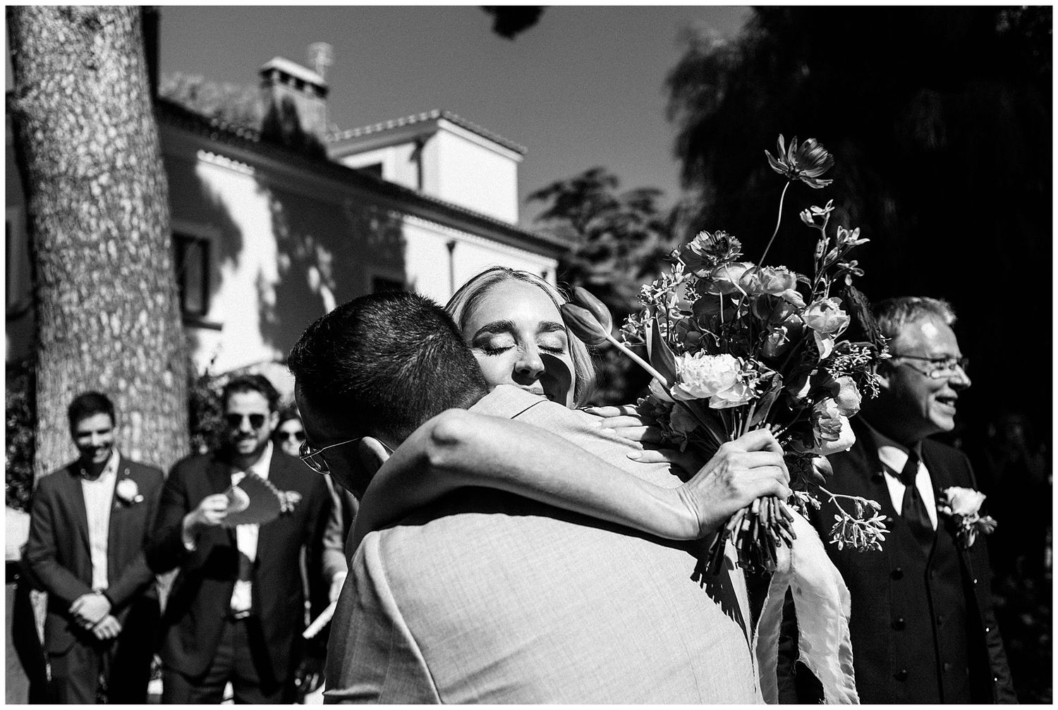 Black and white photo sequence of six candid moments from a wedding celebration.