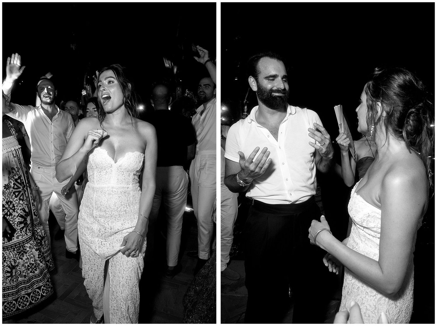 Elegant black and white side-by-side photos capture joyful moments of dancing and laughter at a wedding reception.