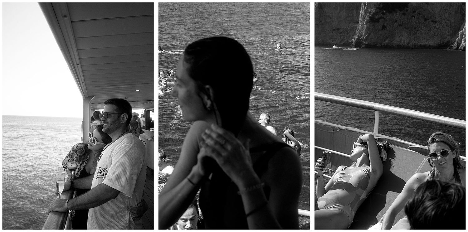 A triptych of black and white photos with silhouettes of people on a boat during a sunny day.