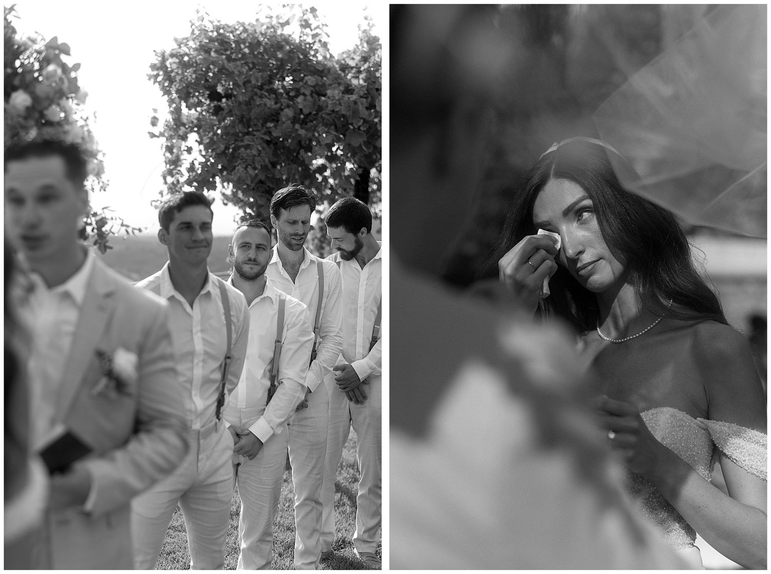 Two black and white photos showing a group of men in white suits and a peaceful hazy portrait.