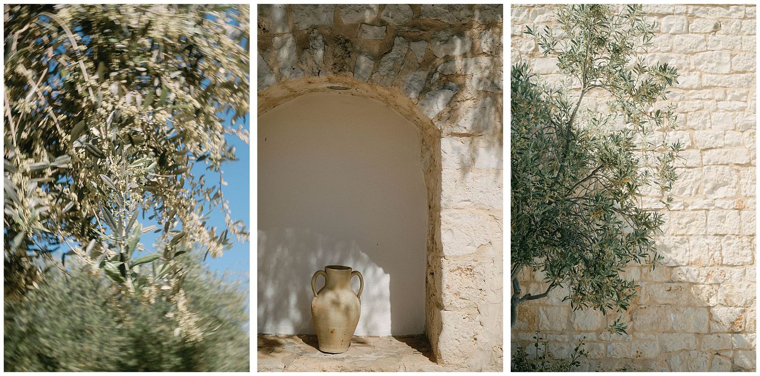 Three serene Mediterranean scenes with stone walls, olive trees, and an arched alcove create a peaceful, warm atmosphere.