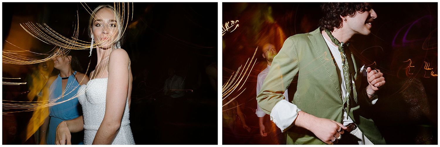 Two blurry motion photos show dancers moving energetically in a dark club atmosphere.