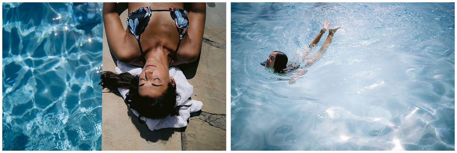 A collection of eight swimming pool photos showing people swimming underwater and relaxing poolside in blue water.