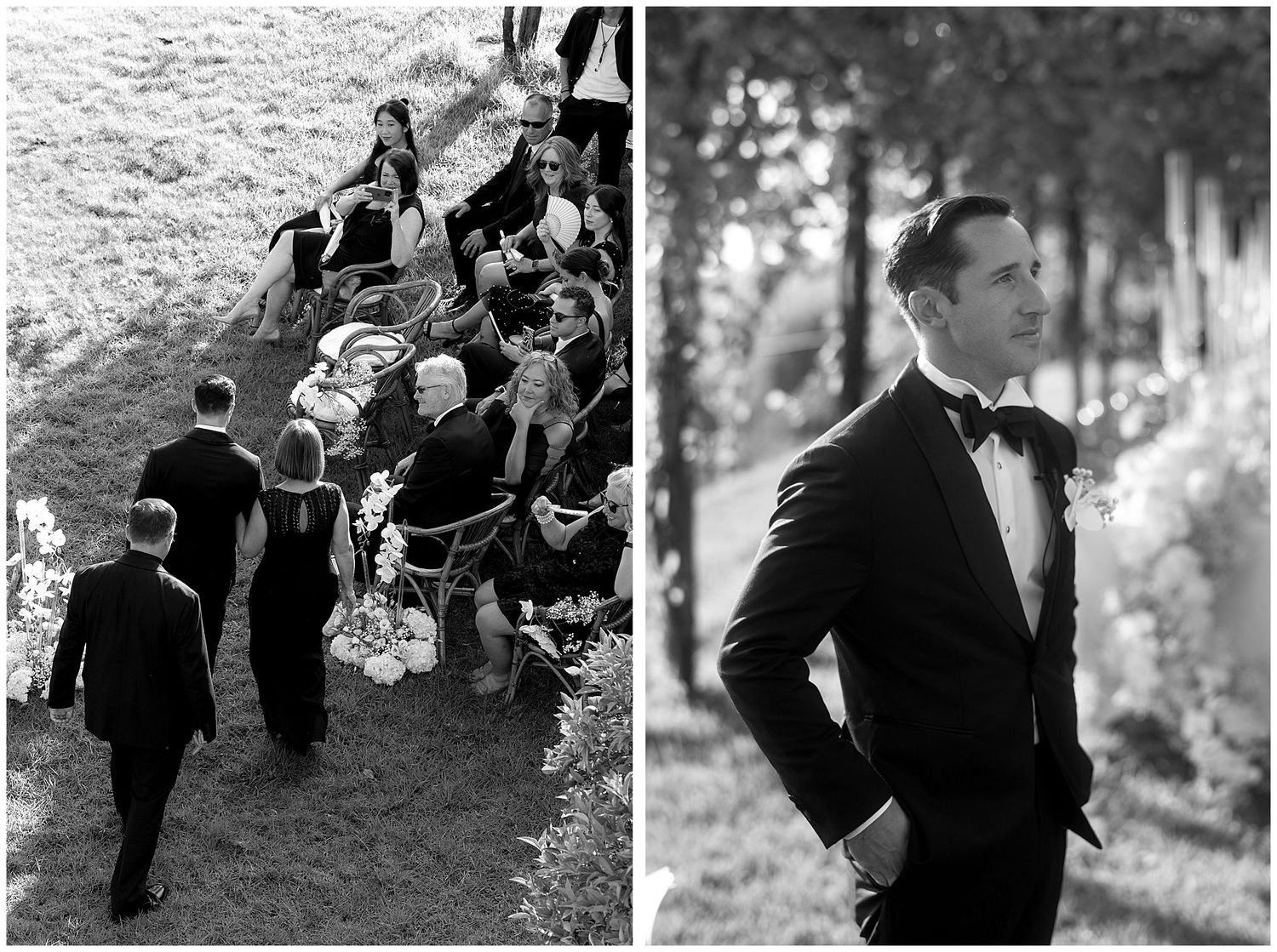 Black and white photos show groomsmen by water and groom in tuxedo posing outdoors among trees.
