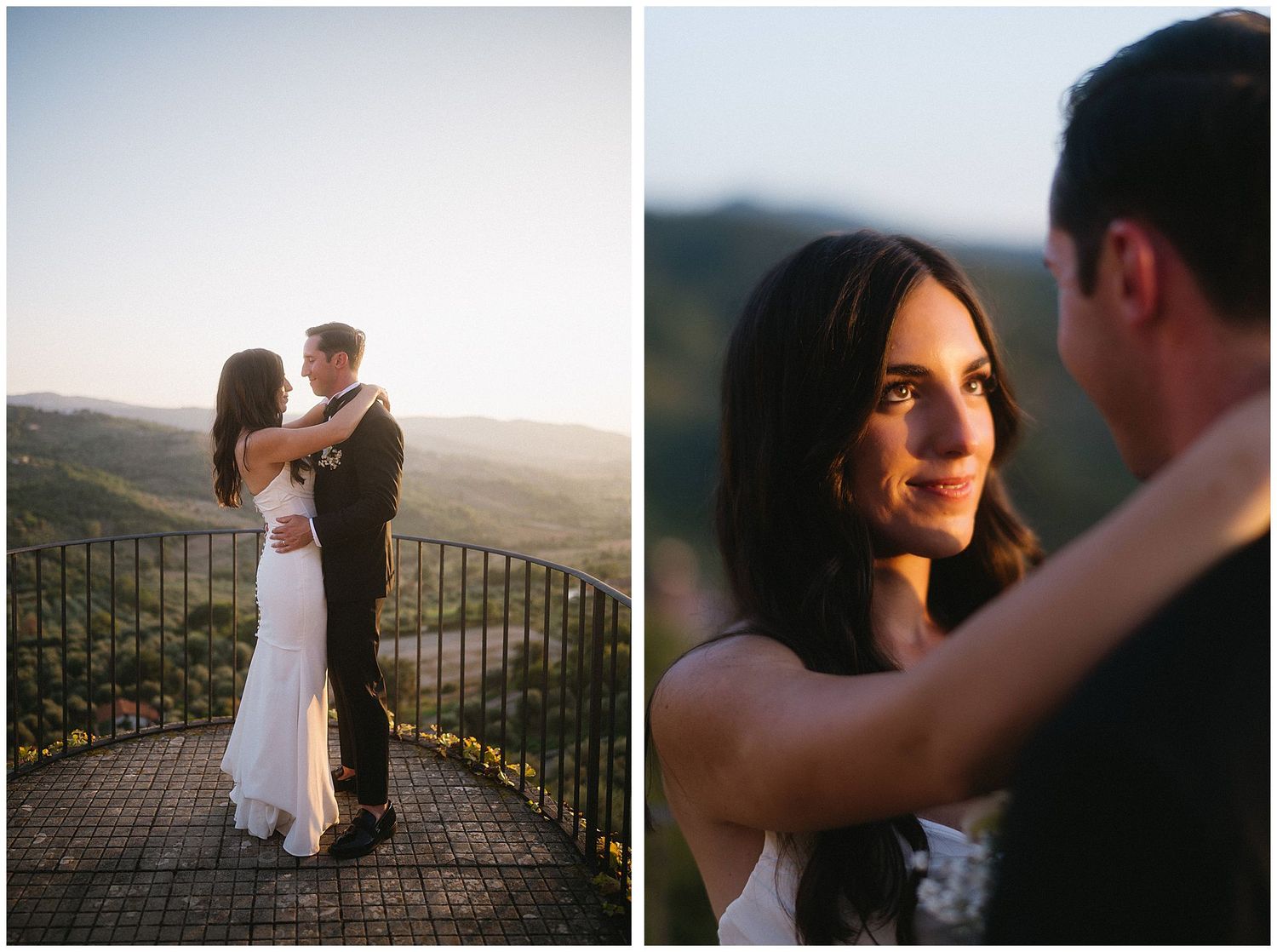 A romantic wedding couple embraces during golden hour on a scenic mountain overlook with a misty valley in the distance.