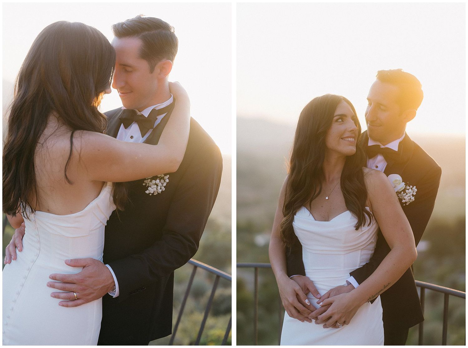 A romantic sunset wedding portrait shows two happy newlyweds embracing outdoors in formal attire during golden hour.