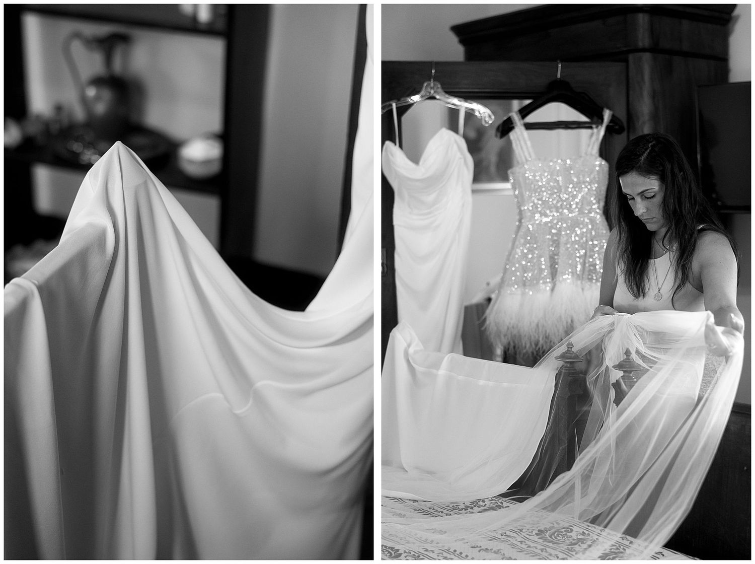 Two black and white photos showing elegant wedding gowns, one displaying full fabric and one with a person preparing the dress.