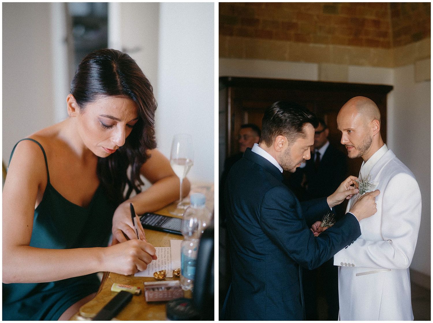 A diptych showing someone in a black dress writing at a desk and two men adjusting formal attire.