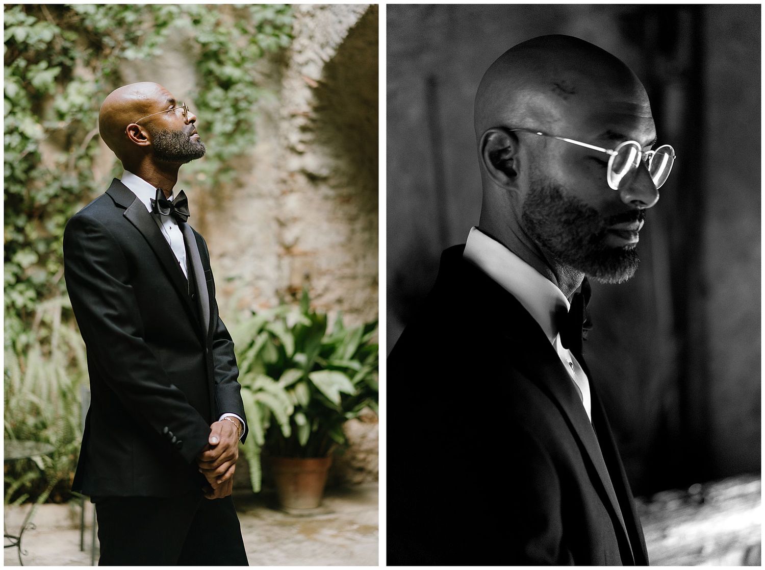 Side by side photos show a groom in a classic black tuxedo and bow tie looking dapper in outdoor and indoor settings.