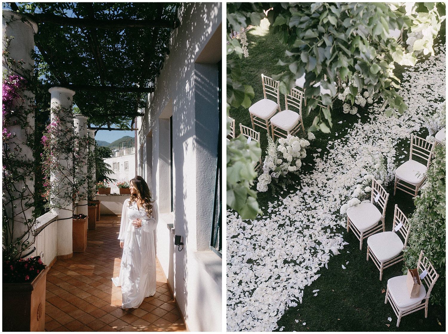 Two side-by-side wedding venue shots showing an elegant white corridor and garden chairs under floral decor.