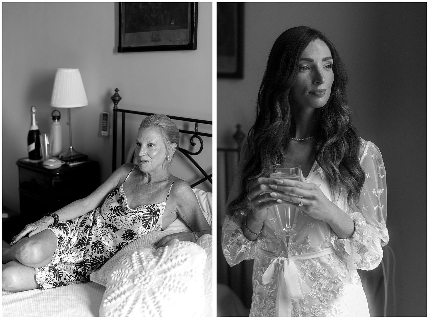 Two black and white images show wedding preparations with individuals in lace robes holding wine glasses.