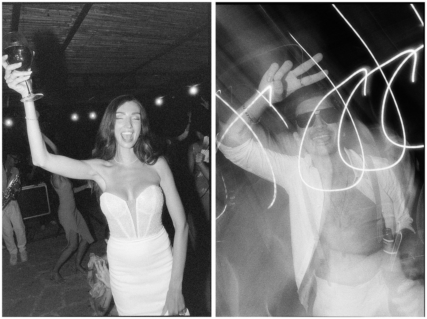 Two black and white party photos showing someone in a strapless white dress dancing and celebrating at a joyful gathering.