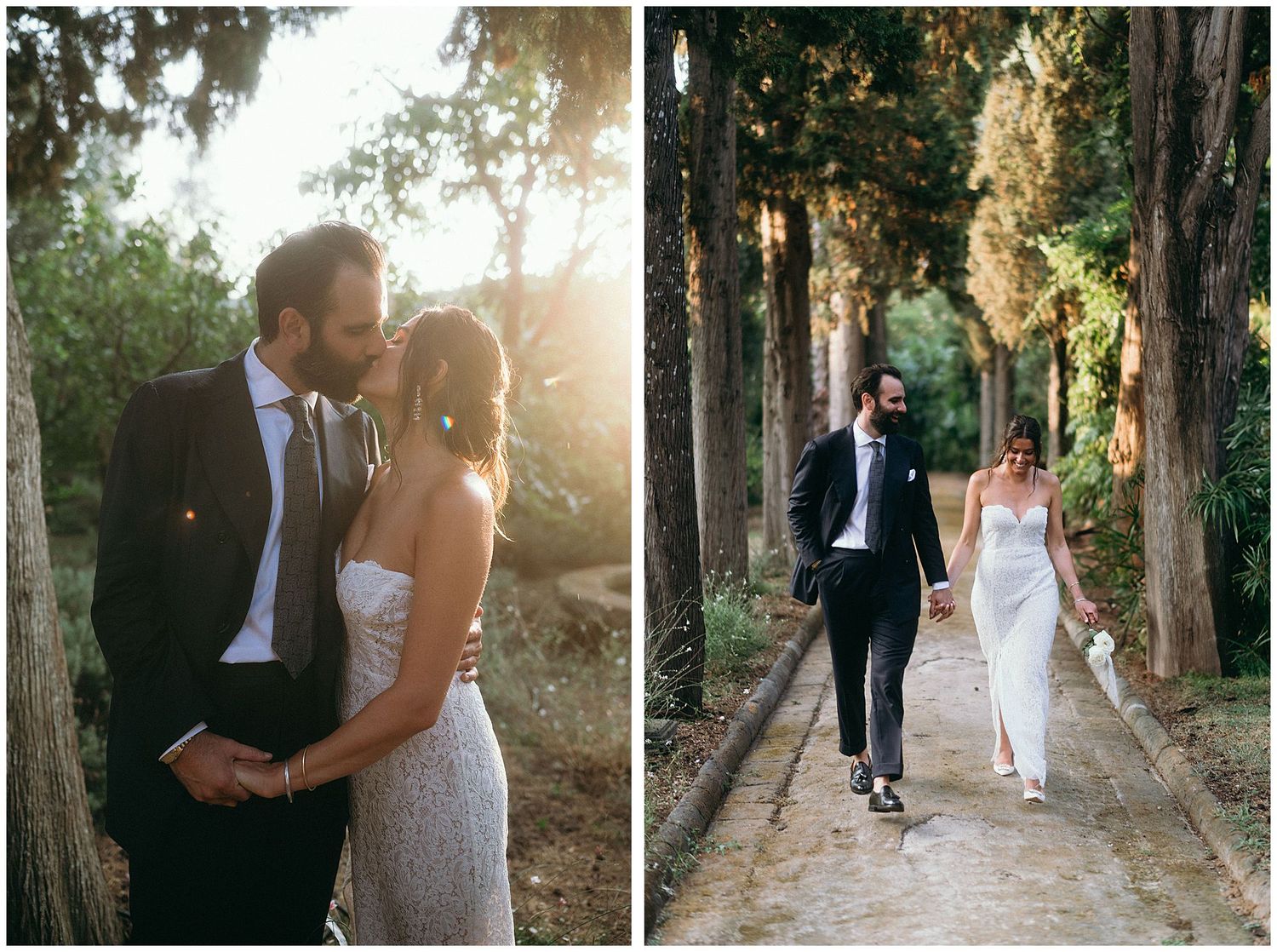 Elegant couple shares romantic moments in a scenic outdoor setting with golden sunlight and cypress trees lining the path.