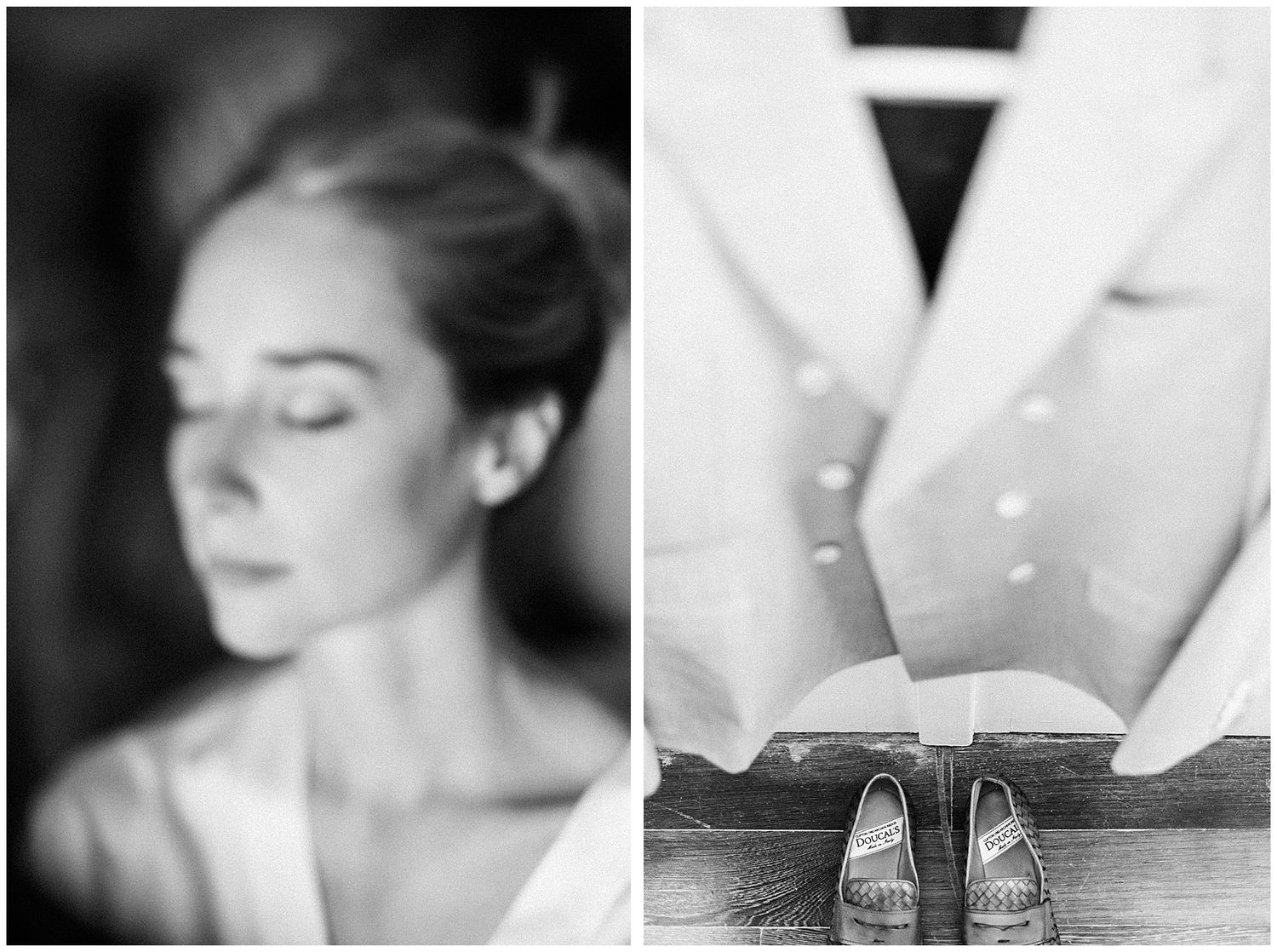 Black and white diptych showing an ethereal portrait beside a minimalist composition with high heels and suit details.