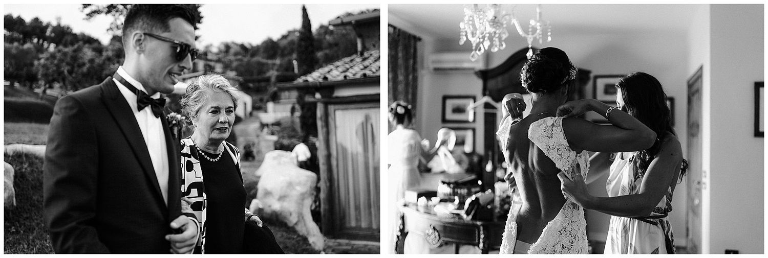 A black and white split photo showing a joyful outdoor wedding celebration and indoor reception dance moment.