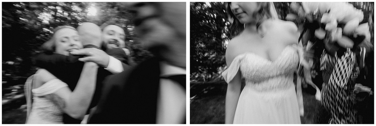 Black and white photos show intimate moments at vintage wedding celebration with soft lighting.