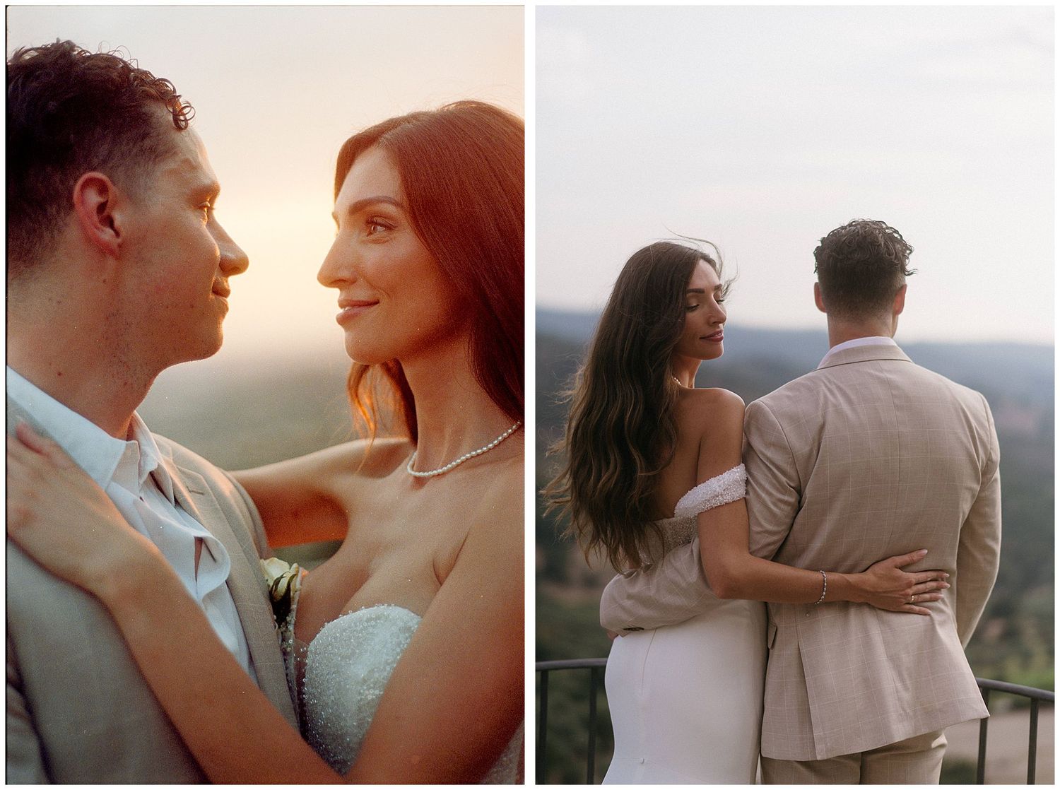 Romantic couple in warm sunset light embraces while enjoying scenic mountain views together.