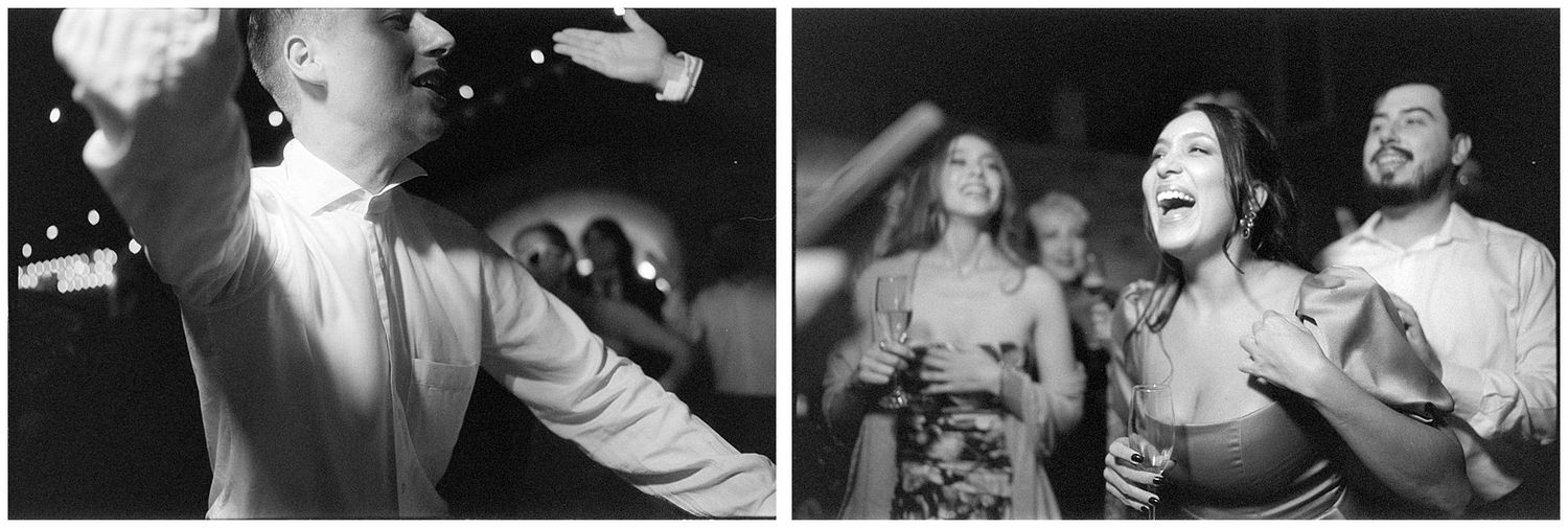 Two black and white images of wedding guests laughing and dancing at a joyous reception celebration.
